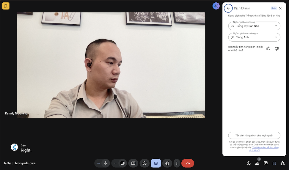 Chức năng dịch trực tiếp giong nói voice translator trên Google Meet